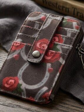 Justin Boots Slim Organizer Card Wallet – Floral & Horseshoe Print – Small NWT